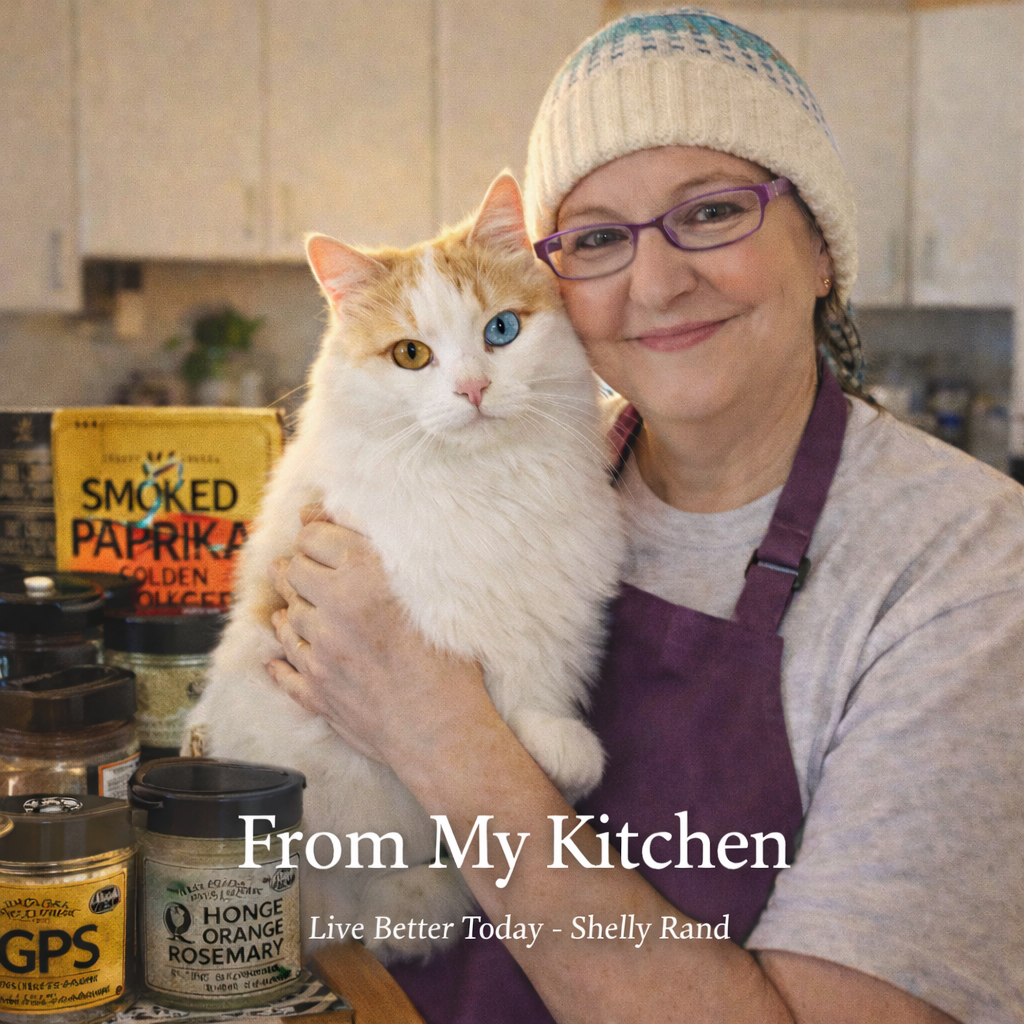 Shelly Rand holding her cat Sir Kit Kat with one blue eye and one gold eye in her kitchen surrounded by spices with the text “From My Kitchen.”