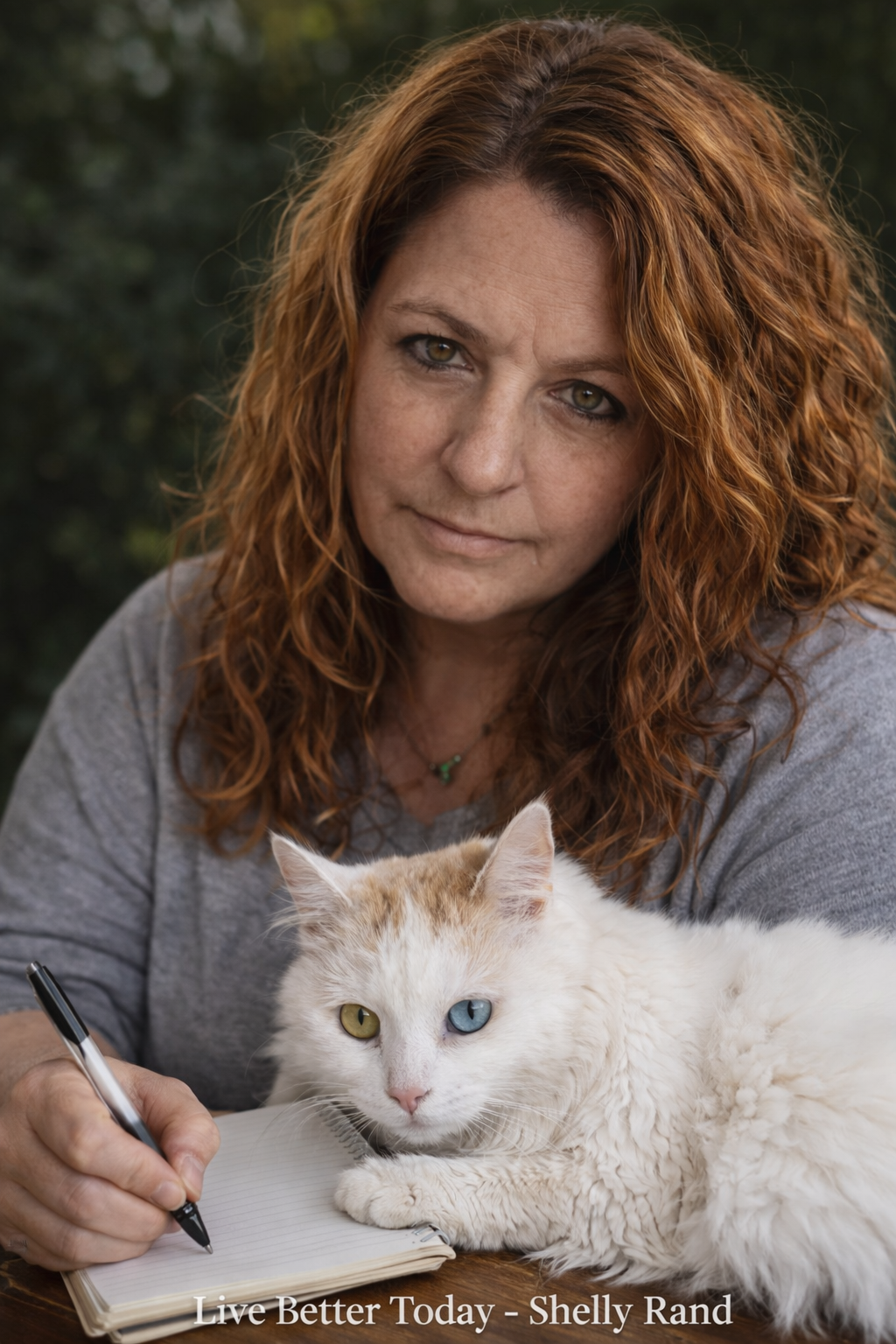 Shelly Rand writing in a notebook at her desk while her white cat Sir Kit Kat with one blue eye and one gold eye rests beside her