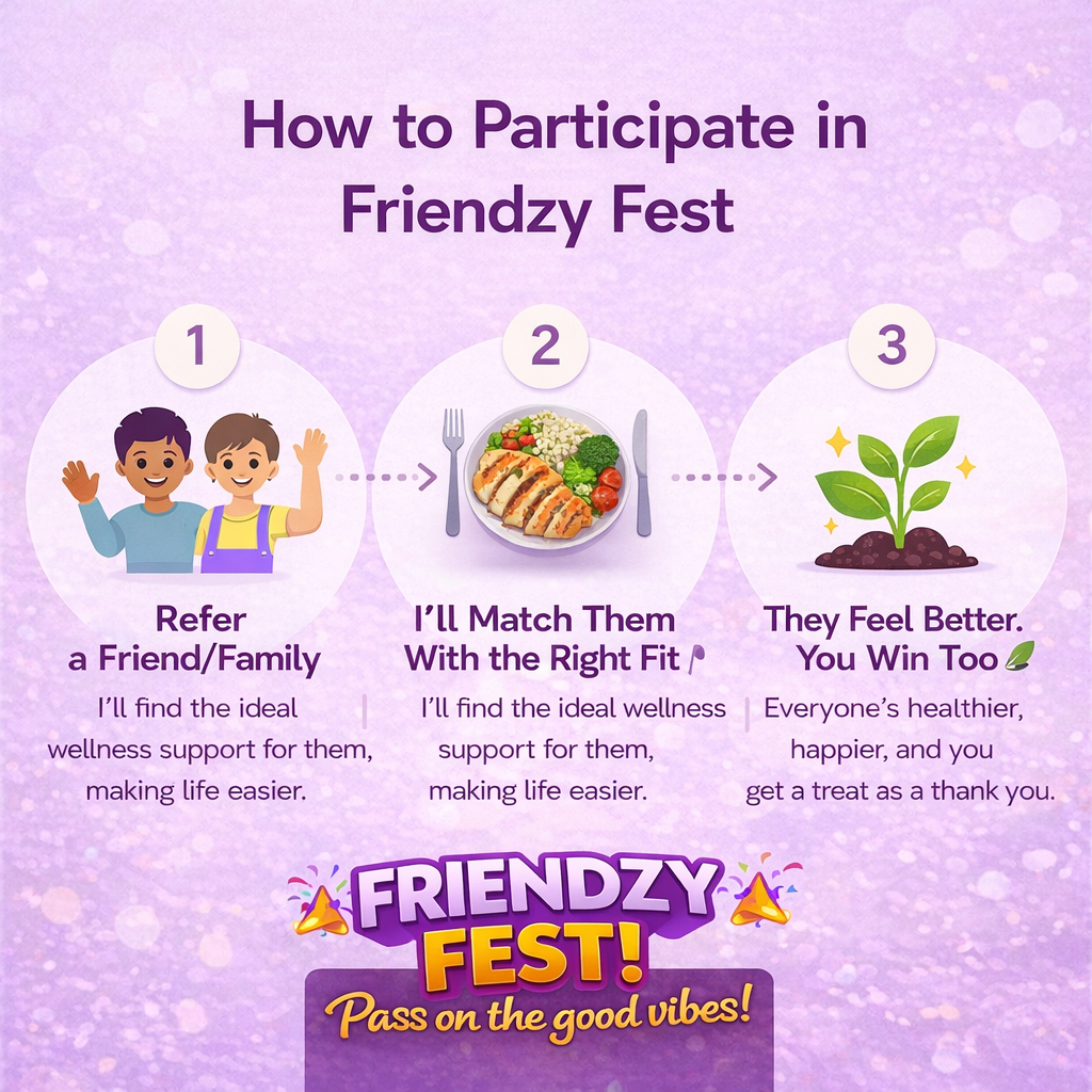 Friendzy Fest referral steps showing how to refer a friend and get support through wellness and simple solutions