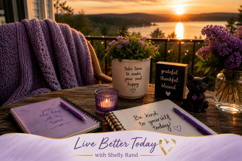 Cozy sunset balcony scene overlooking a lake with a lavender knit blanket, purple flowers, candlelight, journals, and inspirational décor. Warm golden light creates a peaceful atmosphere while the Live Better Today with Shelly Rand branding appears along the bottom.