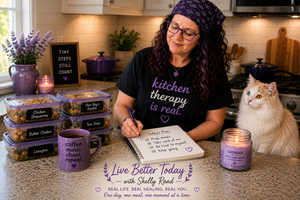Shelly sits in a cozy lavender-themed kitchen writing in a notebook beside organized meal prep containers, coffee, and a candle while Sir Kit Kat, her fluffy white and caramel cat with one blue eye and one gold eye, sits nearby. Warm lighting and soft purple accents create a peaceful healing atmosphere.