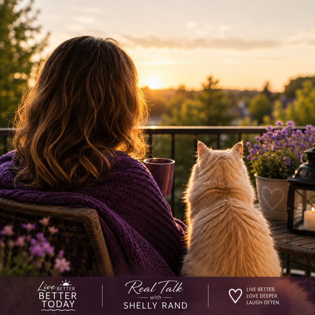 Shelly and Sir Kit Kat sit together on the balcony at sunset, sharing a quiet coffee moment surrounded by purple flowers.