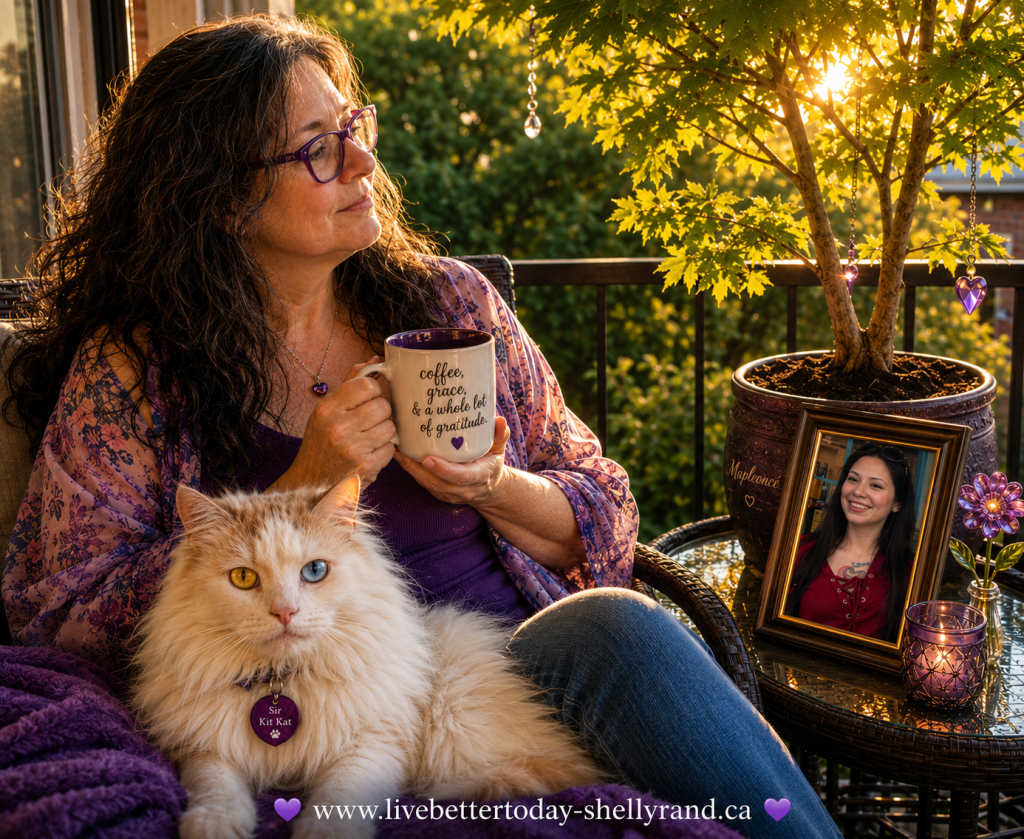Shelly sits on her balcony during golden hour, holding a coffee mug beside Mapleoncé, her memorial maple tree. Sir Kit Kat, a fluffy white cat with one gold eye and one blue eye, relaxes beside her. A framed photo of Nicole rests near the tree, creating a peaceful scene of love, remembrance, healing, and quiet reflection.