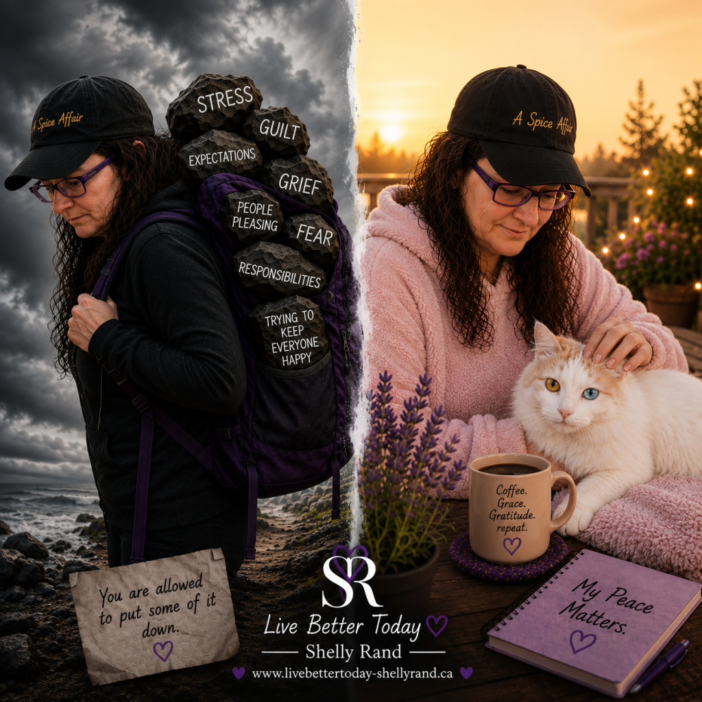 A split-image illustrating emotional healing. One side shows Shelly carrying a heavy backpack filled with invisible burdens including stress, grief, fear, expectations, responsibilities, and people pleasing. The other side shows Shelly peacefully petting Sir Kit Kat beside a warm cup of coffee, symbolizing healing, boundaries, and learning to let go.