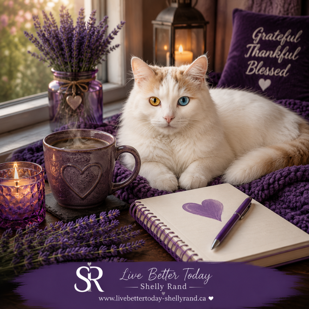 A cozy purple-themed scene featuring fluffy white Sir Kit Kat with a caramel patch on his head, a gold left eye and blue right eye, relaxing beside a steaming purple coffee mug, lavender flowers, a journal with a purple heart, and candlelight. Branded with Live Better Today β Shelly Rand.