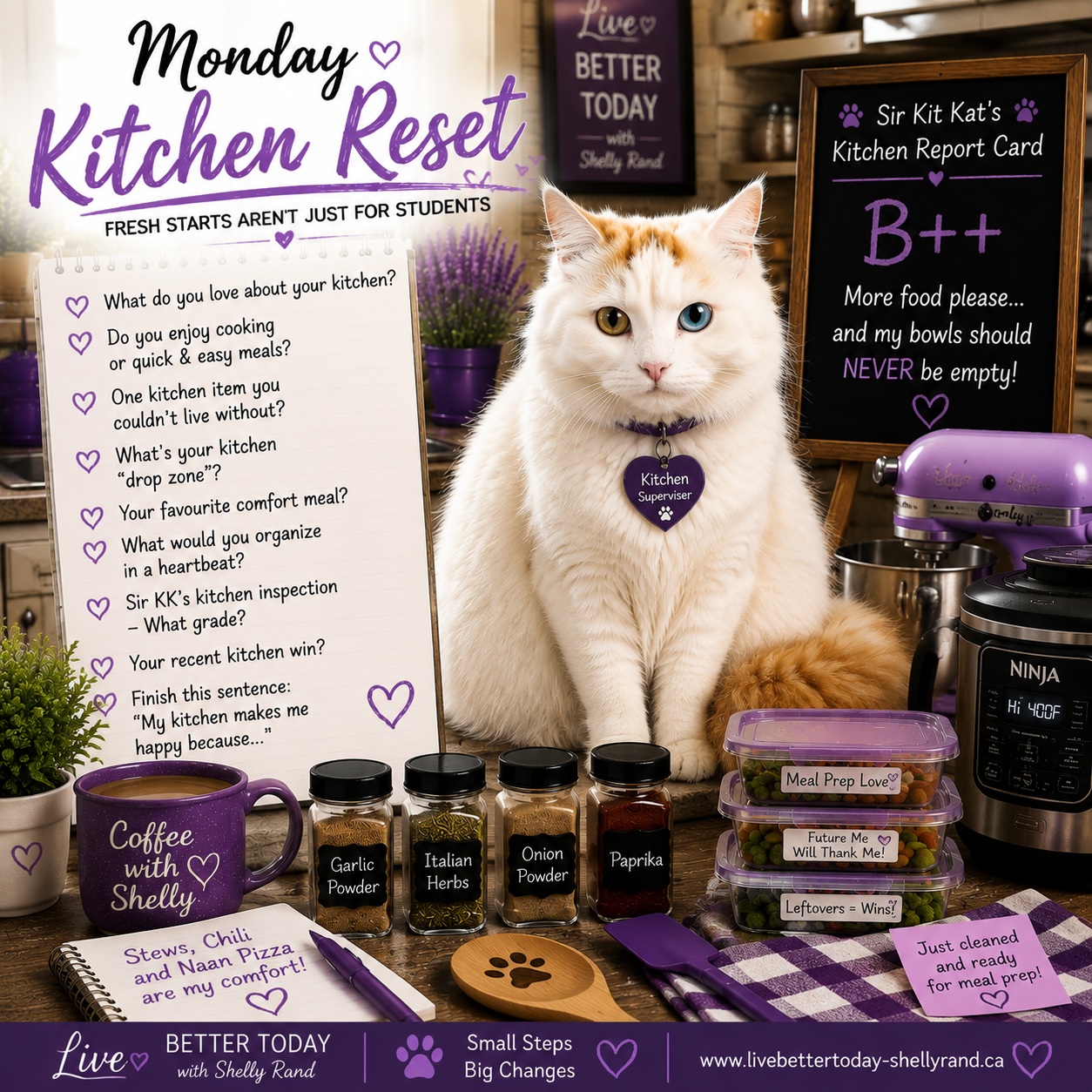 🍽️ Monday Kitchen Reset ☕💜

When I think about my kitchen, I don't just think about cupboards and counters...

I think about memories. ❤️

The kitchens from my past, the meals made, the conversations shared, and all the moments that happen around food.

My kitchen has always been my happy place. It is where I get creative, try new things, and turn ideas into meals. 🍲

Between my lavender stand mixer, my Ninja, my favourite frying pan, and all my A Spice Affair seasonings, I have everything I need to create something delicious. 💜

Does my kitchen have a "drop zone"? Absolutely. 😂
(That one corner where everything magically lands!)

My next mission is tackling the Tupperware situation... because I swear those containers multiply overnight. 🤦‍♀️

And of course, Sir Kit Kat had to do his official kitchen inspection. 🐾

His report card?

B++

His only request:
"More food please... and my bowls should NEVER be empty!" 😂

My little kitchen win lately has been getting everything wiped down, cleaned, and ready for another round of meal prep.

Because walking into a clean kitchen just feels good. 💜

Tell me... what is your favourite thing about your kitchen? 🍽️

#livebettertodayshellyrand #AugustReset #resetyourkitchen #ASpiceAffair #FreshStarts #smallwinsbigimpact #fypシ゚