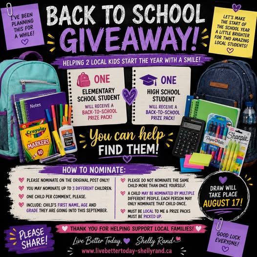 PLEASE READ!

🎒💜 BACK-TO-SCHOOL KINDNESS GIVEAWAY! 📚✨

I’m spreading a little school-year kindness and helping local students get ready for September! ✏️🎒

Do you know a child who could use a little extra support this year?

Here’s how to enter 👇
➡️ Head over to my Facebook profile: Shelly Rand
➡️ Find my pinned post at the top of my profile
➡️ Comment your nomination there! 💜

You can nominate up to 3 different students (but each student can only be entered once).

Please help me reach more families:
📣 Share this post
👥 Tag a parent, grandparent, teacher, or friend who should see this
💜 Follow along for updates!

Let’s help make the start of the school year a little brighter. 🌟📚

#LiveBetterTodayShellyRand #BackToSchool #CommunityKindness #SupportLocalStudents #GivingBack #SchoolSupplies #LocalCommunity