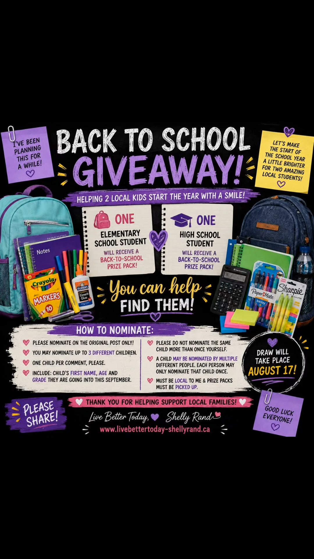 🎒💜 LOOK WHAT'S COMING TOGETHER!
Elementary + High School students are both getting some back-to-school love this year! 📚✏️
Want to nominate a student? Head to my Facebook profile and find the pinned giveaway post at the top. That's where nominations are being collected! 👇
Please SHARE, TAG someone who should see this, and FOLLOW along! 💜
#LiveBetterTodayShellyRand #BackToSchool #SupportLocalStudents #CommunityKindness #GivingBack #schoolsupplies
